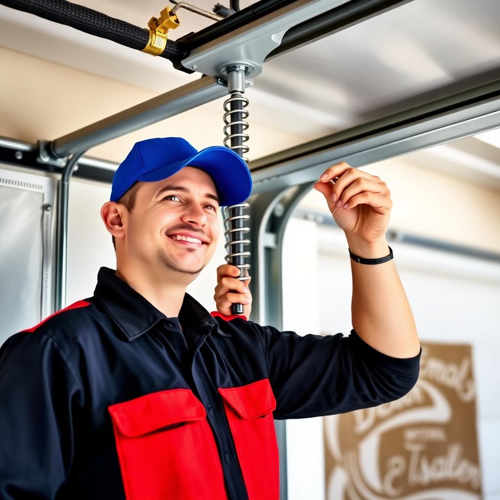 Professional garage door technician from Weymouth Garage Doors inspecting springs with tools, providing expert maintenance service